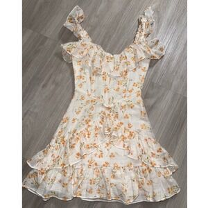 Sabo Skirt Floral Ruffle Mini Dress White Orange XS Sun Dress Tiered Skirt
